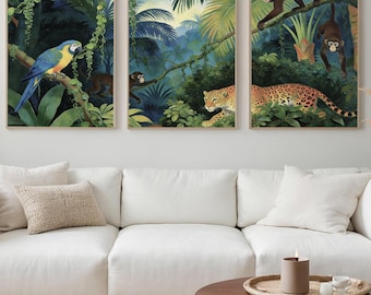 3 Piece Henri Rousseau Jungle Wall Art Set, Tropical Parrot Monkey Leopard Print, Exotic Rainforest Animal Decor, Exotic Jungle Posters