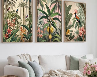 Henri Rousseau Inspired Jungle Art, 3 Pieces Wall Art Set, Tropical Birds Botanical Print, Palm Leaves Poster, Exotic Home Decor