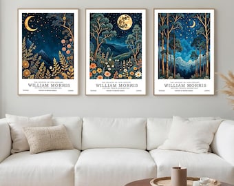 William Morris muurkunst set van 3 – gouden botanische prints, maan- en nachtelijke hemel postertrio, William Morris print, slaapkamerkunst, bloemsierkunst,