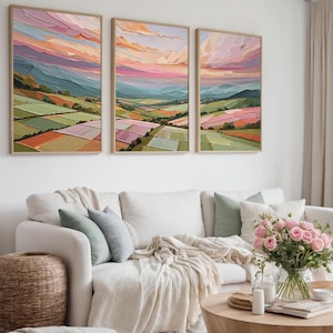 Pastel Valley 3 Piece Wall Art: Impressionist Landscape with Layered Pink Orange Sky, Rolling Green Fields & Patchwork Hills Triptych Set