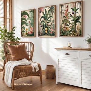 Three framed botanical prints depicting tropical scenes hang above a white cabinet. A wicker chair with a brown leather cushion and a white throw sits in front of a window with wooden blinds. A decorative vase is on the floor.