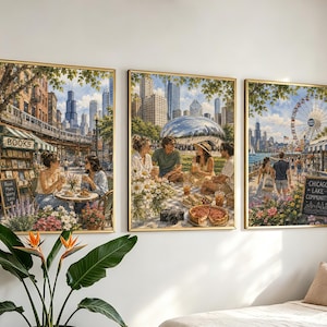 Juego de láminas de Chicago, arte mural de paisaje urbano en acuarela, impresión en lienzo de 3 piezas, póster de Cloud Gate Bean, decoración de verano para el hogar en Navy Pier