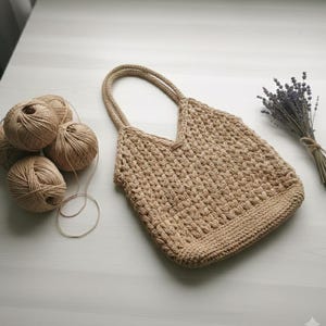 Hand-Crocheted Paper String Tote Bag, Beige Summer Beach Purse, Large Woven Bag