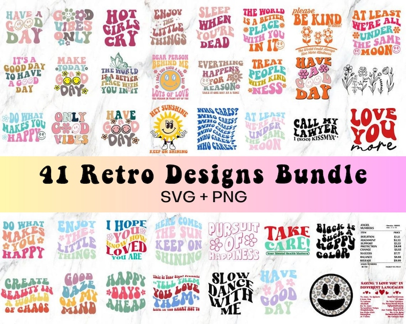 41 Paquete de paquete SVG retro estético, Png estético, Svg inspirador, Svg motivacional, Svg de moda, Svg retro, Sudadera con capucha Svg, Diseños de camisa SVG imagen 1