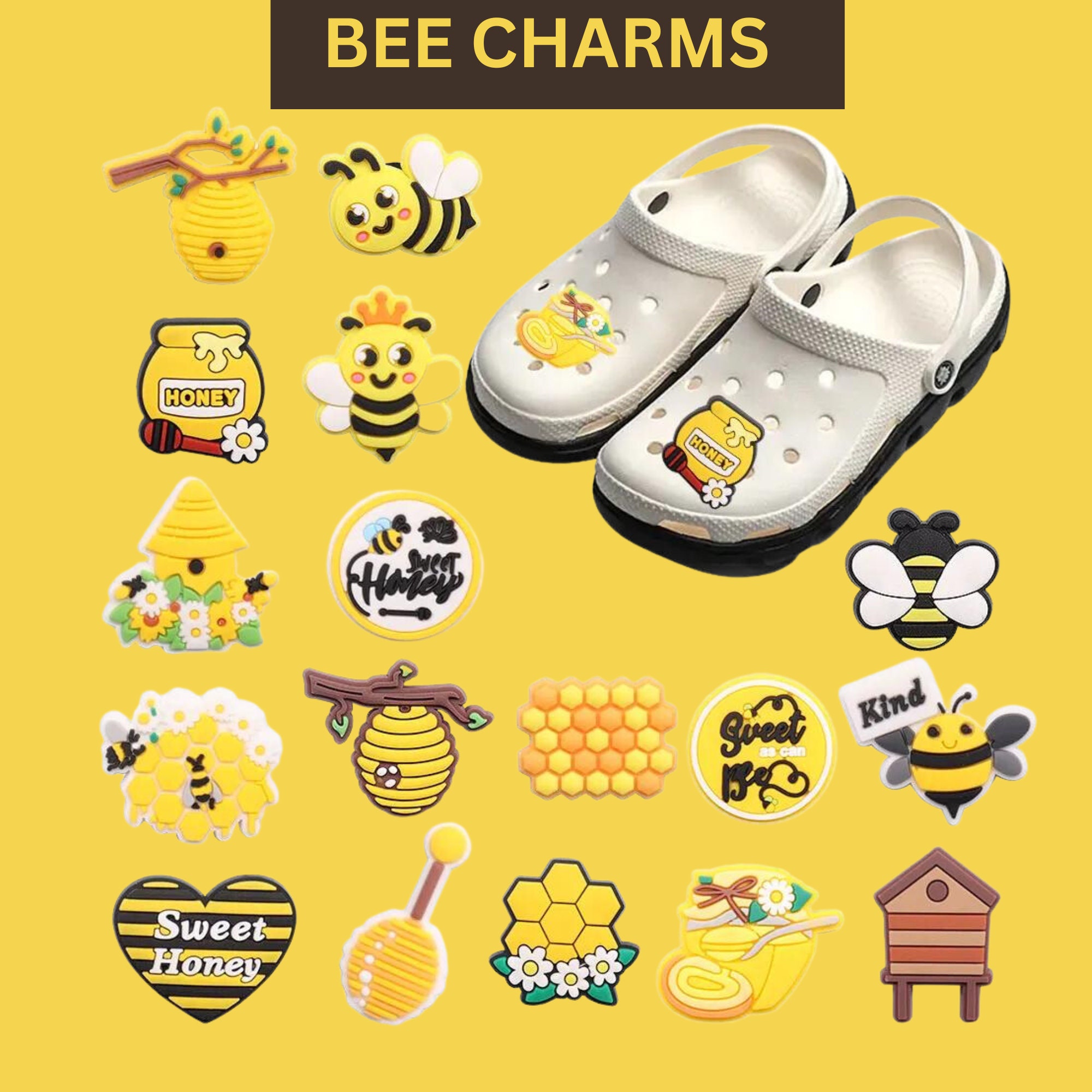Fohiahfce 25pcs Bee Shoe Charms Fits for Clog Sandals Shoes Decoration, Honey Bumble Bee Accessories Charms for Kids Girls Boys Teens Party Favor