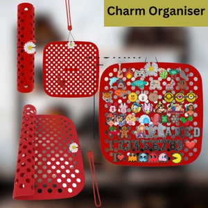 besaset Shoe Charms Organizer_Shoes Hanging Jewelry Holder for Croc Charms,Portable Roll Storage Bag Wall Mounted Hanging Display Stand (Black&Red) (Square)