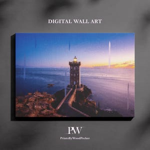 Impresión de faro al atardecer / Impresión digital / Paisaje abstracto / Colores suaves / Decoración moderna del hogar / Paisaje de Francia / Póster con vista al mar