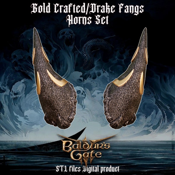 Fantasy Drake Fangs and Gold Crafted Horns Set Baldurs Gate 3 STL