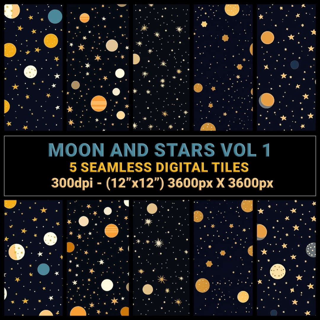 Moon and Stars Seamless Tile Patterns Vol1, Celestial Repeat Pattern ...
