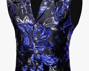 May include: A blue and black patterned vest with a collar and gold buttons. The vest has a floral design with a silver sheen. The label "BARRY WANG" is visible on the collar.