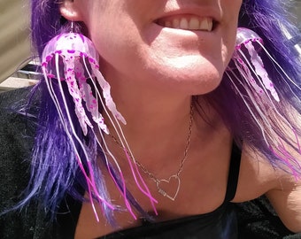 Funky UV Reactive Jellyfish Oversized Earrings Glow Festival Fun, Party Wear. FREE Fancy Dress Mermaid tattoos. Christmas stocking gift