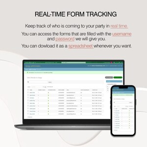 Puede incluir: Una captura de pantalla de una computadora port&aacute;til y un tel&eacute;fono m&oacute;vil que muestra una aplicaci&oacute;n web para el seguimiento de formularios en tiempo real. La aplicaci&oacute;n muestra una lista de asistentes con sus nombres, direcciones de correo electr&oacute;nico y estado de respuesta. El texto en la pantalla dice "Django admentation" y "Seleccionar asistente para cambiar".