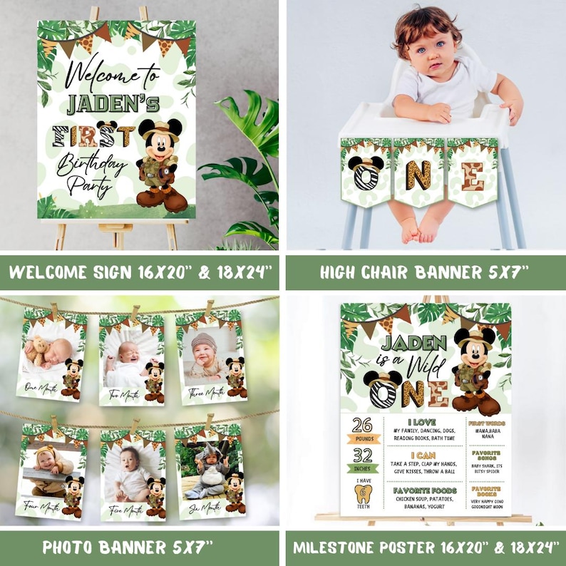 May include: A set of printable jungle-themed first birthday party decorations featuring a cartoon Mickey Mouse character. The set includes a welcome sign, a high chair banner, a photo banner, and a milestone poster. The decorations are in green, brown, and yellow colors.