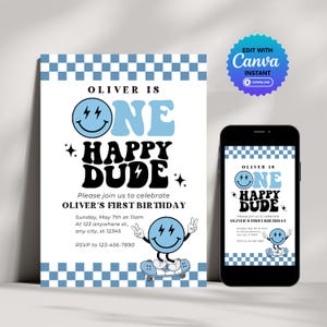 Blue One Happy Dude Birthday Invitation, Retro Smiley Face for First Birthday Boy, Cool Dude Invite for 1st Birthday Celebration