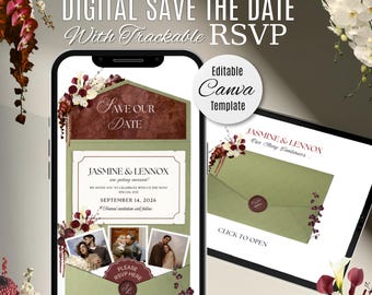 Green & Burgundy Floral Wedding Save The Date Website with RSVP: Editable Canva Template