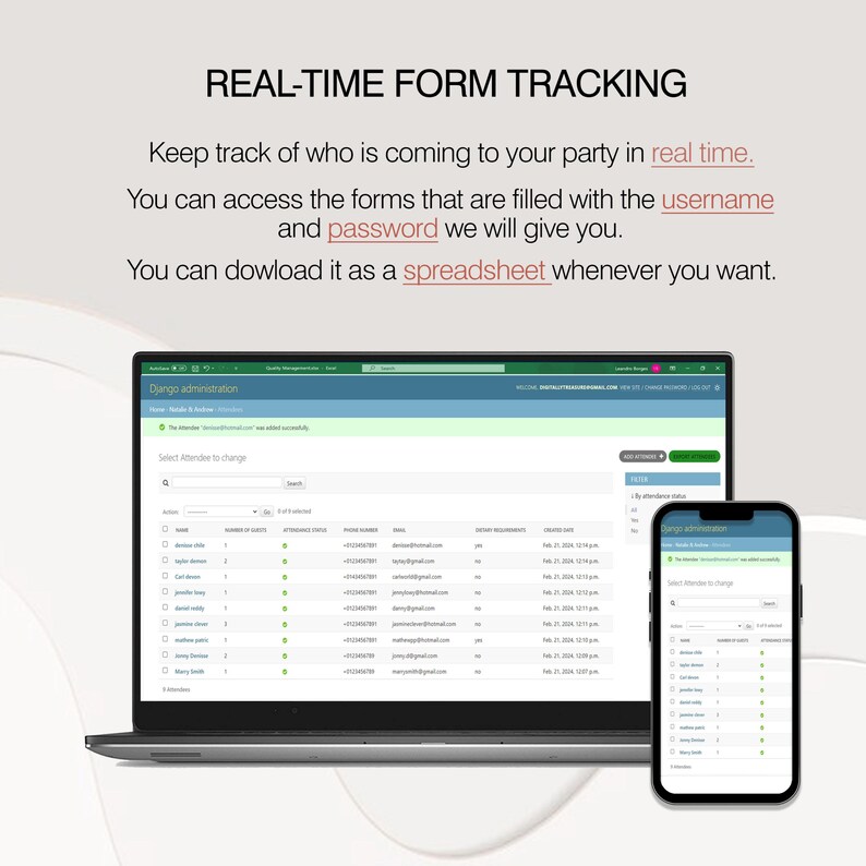 May include: A laptop and a smartphone display a spreadsheet with a list of attendees and their information. The text on the screen reads "Django administration" and "Select Attender to change".