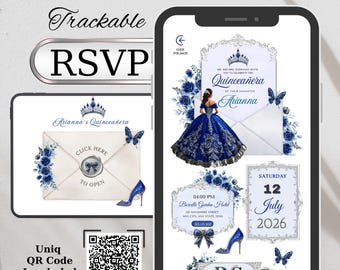 Navy Blue & Silver Quinceanera Invitation Website with Online RSVP Animated Envelope Design (Digital)