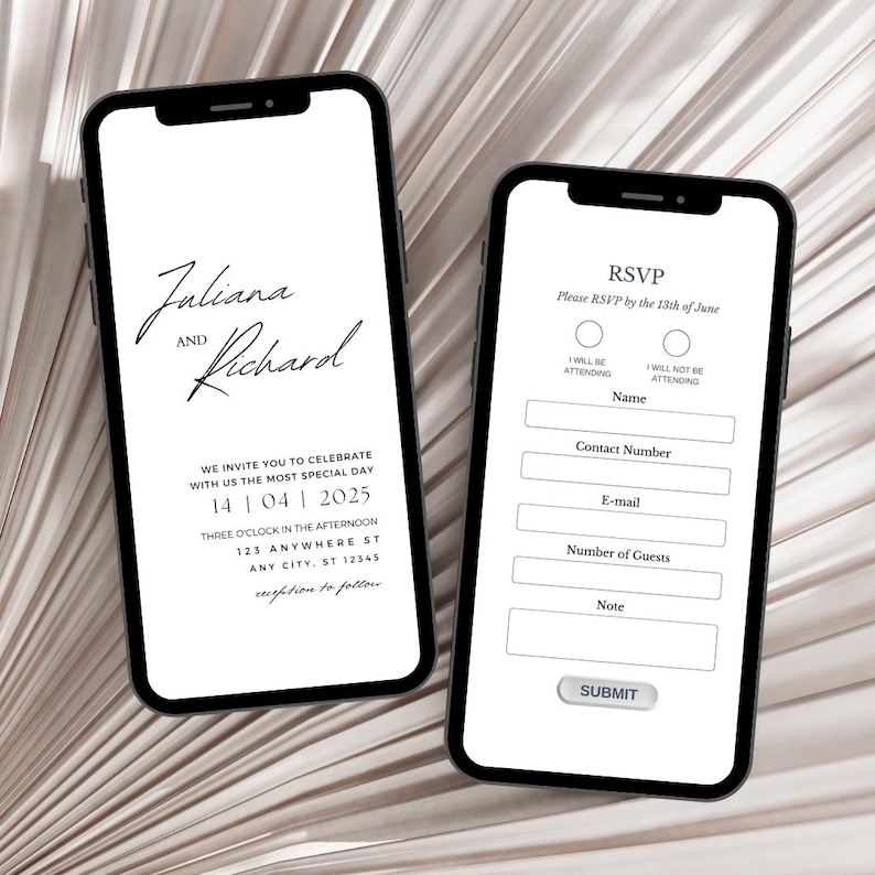 Puede incluir: Una invitaci&oacute;n de boda digital con los nombres Juliana y Richard, la fecha 14 | 04 | 2025 y la hora tres en punto de la tarde. La invitaci&oacute;n tambi&eacute;n incluye la direcci&oacute;n 123 Anywhere St, Any City, ST 12345. Una tarjeta RSVP digital separada con un formulario para enviar la informaci&oacute;n de los invitados.