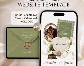 Sage Green & Gold Save The Date Wedding Website Template with RSVP, Countdown, Music (Editable Template)