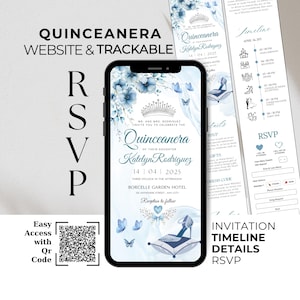 May include: A blue and white Quinceanera invitation with a floral design and a crown. The invitation includes the date, time, and location of the event, as well as a QR code for RSVP. The text on the invitation reads "Quinceanera of their daughter Katelyn Rodriguez 14 | 04 | 2025 Three o'clock in the afternoon Borcelle Garden Hotel 123 Anywhere Street, Any City Reception to follow"