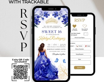 Royal Blue Floral Sweet 16 Invitation Website with Online RSVP & QR Code (Digital)