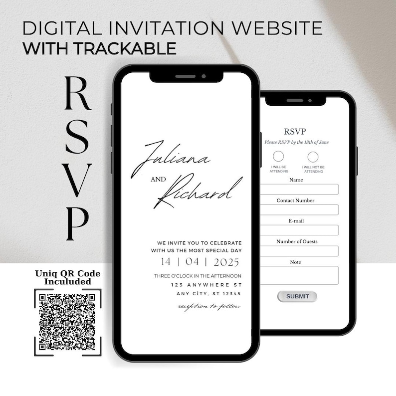 Puede incluir: Una invitaci&oacute;n de boda digital con un dise&ntilde;o en blanco y negro. La invitaci&oacute;n presenta los nombres "Juliana y Richard" y la fecha "14 04 2025". La invitaci&oacute;n tambi&eacute;n incluye un c&oacute;digo QR para que los invitados puedan responder a la invitaci&oacute;n.