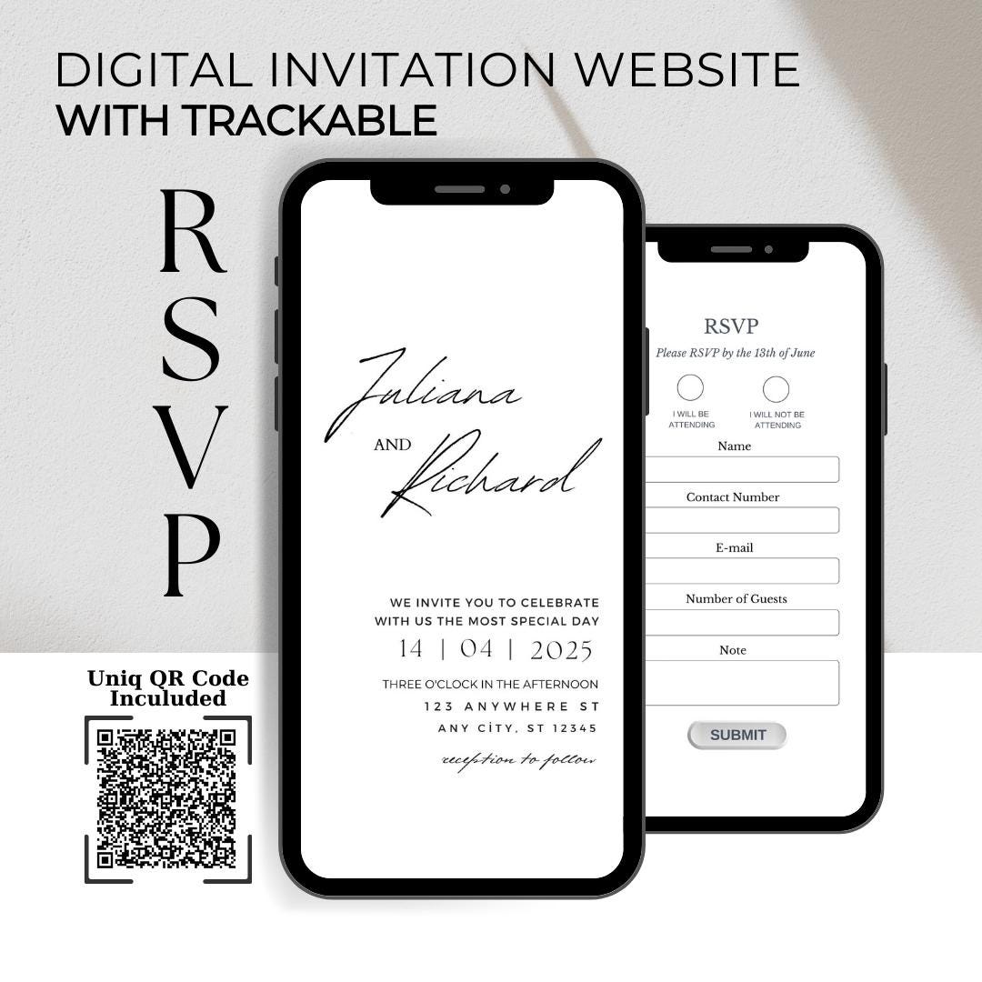 Wedding Invitation & RSVP Website, Trackable Online RSVP with Qr Code, Elegant Minimalist Web Invitation Template, Digital Rsvp Tracking