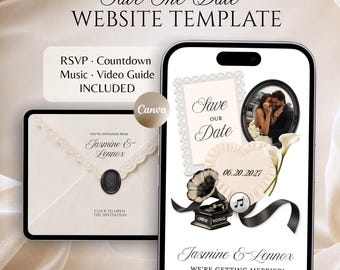 White & Black Timeless Save The Date Wedding Website Template with RSVP, Countdown, Music