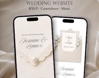 Ivory Pearl Lace Save the Date Wedding Website Template with RSVP, Countdown & Music