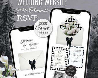 White & Black Wedding Website Invitation with RSVP: Envelope Design Editable Template