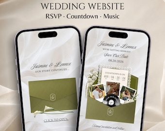 Sage Green Save The Date Wedding Website Template with RSVP, Countdown & Music
