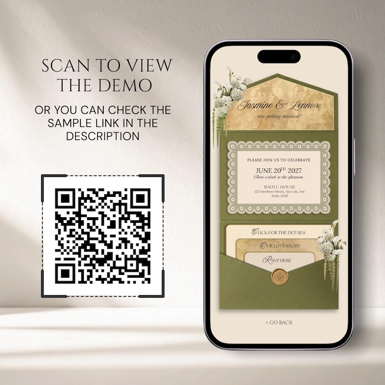 Hochzeitseinladung mit Blumenmuster in Salbeigrün und Gold mit RSVP-Funktion: Bearbeitbare Canva-Vorlage Bild 14