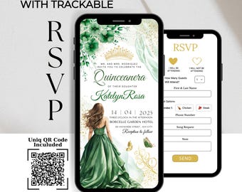 Convite para festa de debutante verde esmeralda: RSVP online e código QR (digital)
