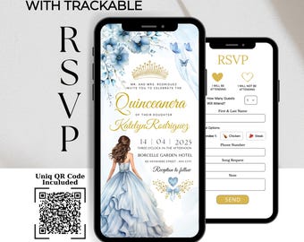 Dusty Blue Princess Quinceanera Invitation Website With Online RSVP & QR Code (Digital)