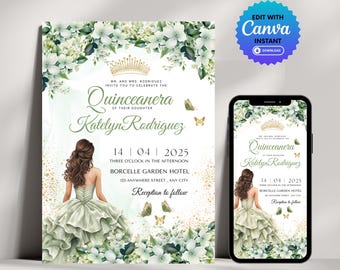 Sage Green Floral Quinceanera Invitation: Butterfly Princess Sweet 16 (Digital Download)