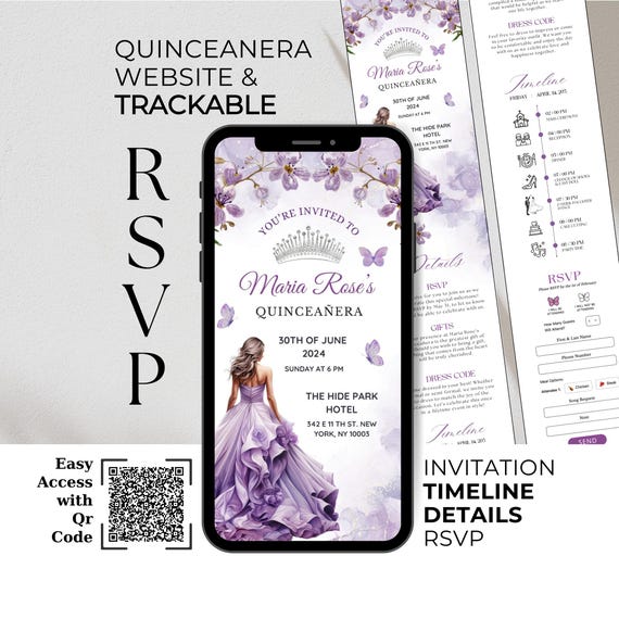 Lavender Quinceanera Website Invitation With Online RSVP, Timeline, Details & QR Code (Digital)