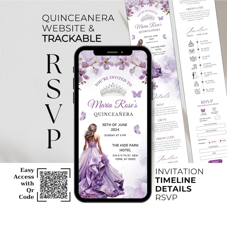 May include: Purple and white Quincea&ntilde;era invitation with a watercolor floral design. The invitation features a young woman in a purple gown with a crown and butterflies. The text reads "You're Invited to Maria Rose's Quincea&ntilde;era" and includes the date, time, and location of the event.