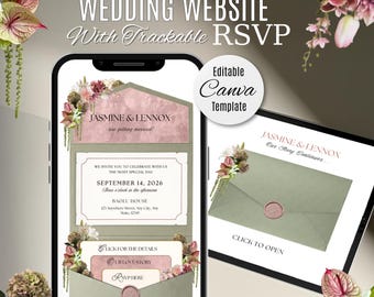 Soft Green & Blush Pink Wedding Website Invitation Template with Trackable RSVP (Digital Download)