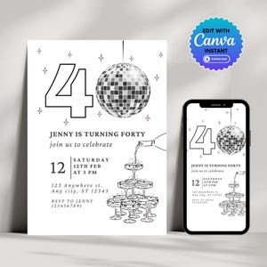 Puede incluir: Una invitación de cumpleaños imprimible en blanco y negro para un 40 cumpleaños. La invitación presenta una bola de discoteca, copas de champán y el texto "Jenny cumple cuarenta, únase a nosotros para celebrarlo". La invitación también incluye la fecha y la hora de la fiesta: sábado 12 de febrero a las 3 PM.