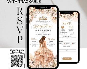 Gold Floral Quinceanera Invitation Website with Online RSVP & QR Code (Digital)