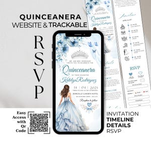 May include: A blue and white Quinceanera invitation with a watercolor illustration of a woman in a blue gown. The invitation includes the date, time, and location of the event, as well as a QR code for RSVP.
