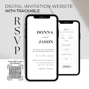 May include: A digital invitation website with a QR code for RSVP. The invitation is for Donna and Jason's wedding on 14 April 2025, at 3:00 PM. The address is 123 Anywhere St, Any City, ST 12345.