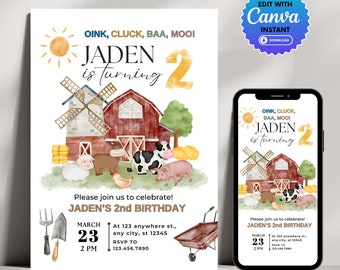 Puede incluir: Una ilustración de acuarela de una escena de granja con un granero rojo, un molino de viento, animales y un sol. El texto "OINK, CLUCK, BAA, MOO! JADEN is turning 2" está escrito en amarillo y marrón. La invitación es para una fiesta de cumpleaños número 2 e incluye la fecha, la hora y la información de RSVP.