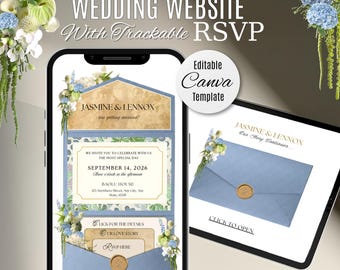 Dusty Blue & Sage Green Wedding Website Invitataion with RSVP: Editable Canva Template