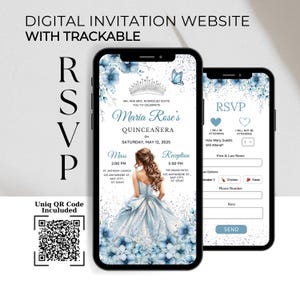 Websitesjabloon voor websitesjabloon voor uitnodiging voor stoffige blauwe prinses Quinceanera en online reactie, babyblauwe en zilveren bloemen Sweet 16-uitnodiging met QR-code