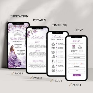 May include: A purple and white Quincea&ntilde;era invitation with a timeline and RSVP section. The invitation features a floral design and a silhouette of a woman in a purple dress.
