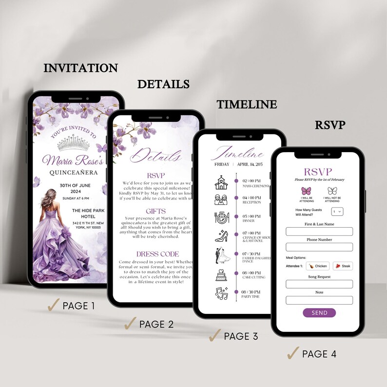 May include: A purple and white Quincea&ntilde;era invitation with a timeline and RSVP section. The invitation features a floral design and a silhouette of a woman in a purple dress.