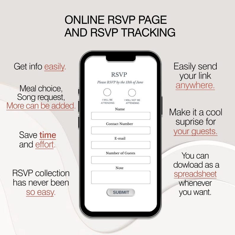 Puede incluir: La pantalla de un tel&eacute;fono m&oacute;vil que muestra un formulario RSVP con campos para el nombre, el n&uacute;mero de contacto, el correo electr&oacute;nico, el n&uacute;mero de invitados y una nota. El formulario tiene un t&iacute;tulo "RSVP" y el texto "Por favor, responde a la invitaci&oacute;n antes del 13 de junio". El formulario tiene dos botones de opci&oacute;n para "Asistir&eacute;" y "No asistir&eacute;". El formulario tiene un bot&oacute;n etiquetado como "ENVIAR".
