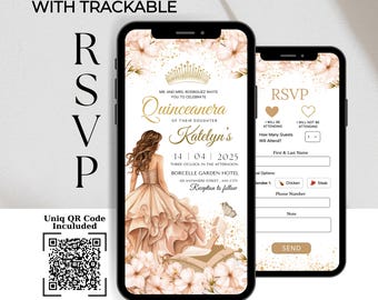 Gold Princess Floral Quinceanera Invitation Website with Online RSVP & QR Code (Digital)