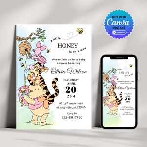 Winnie The Pooh Baby Shower Invitation, Classic Winnie Pooh Editable Invitation, Pooh Bear Baby Shower Invite, Pooh Baby Party